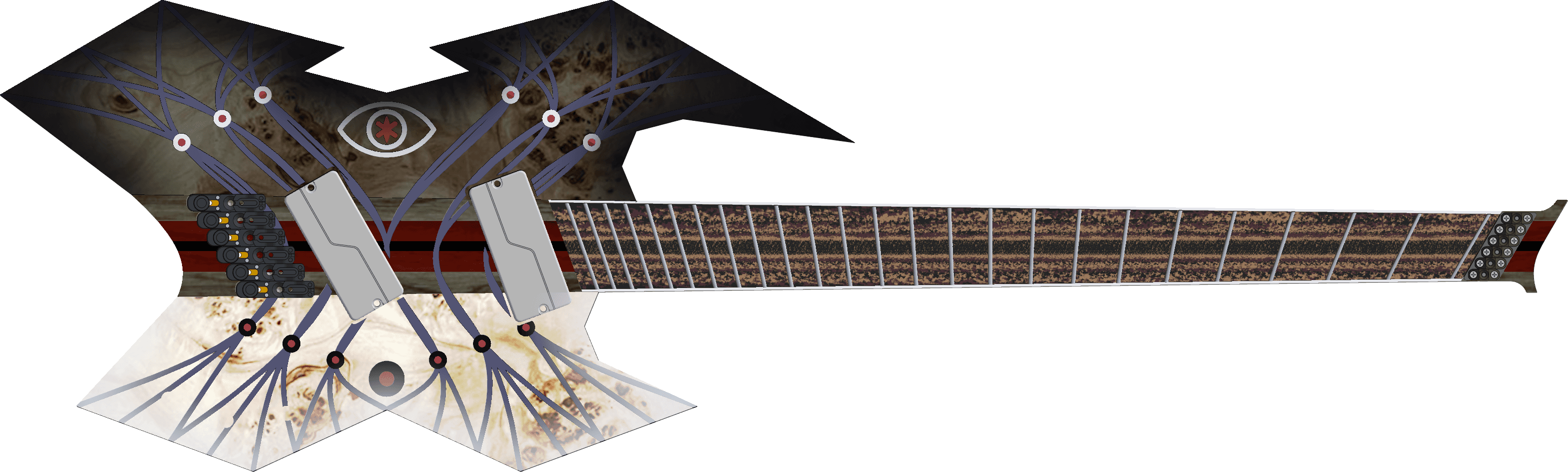 Early Genesis custom multiscale guitar render exploring red and black color scheme before settling on the Blue Blue Blue palette with luminescent inlays