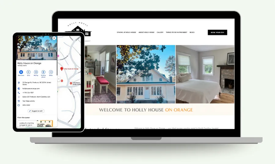 Holly House on Orange website on laptop and Google Maps listing on tablet