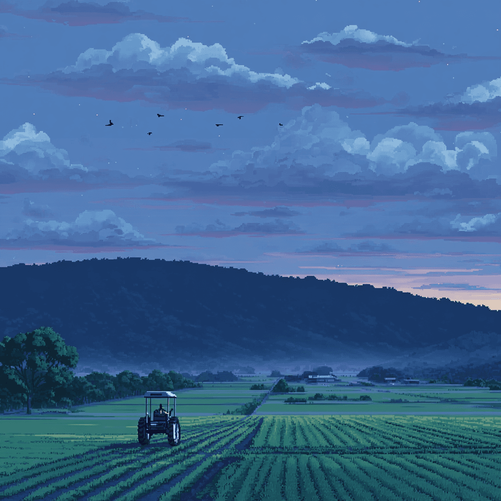 Pixel art of tractor in fields.