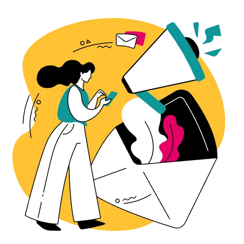 Illustration of a woman checking her phone beside an open envelope and megaphone, representing joining a newsletter or getting updates