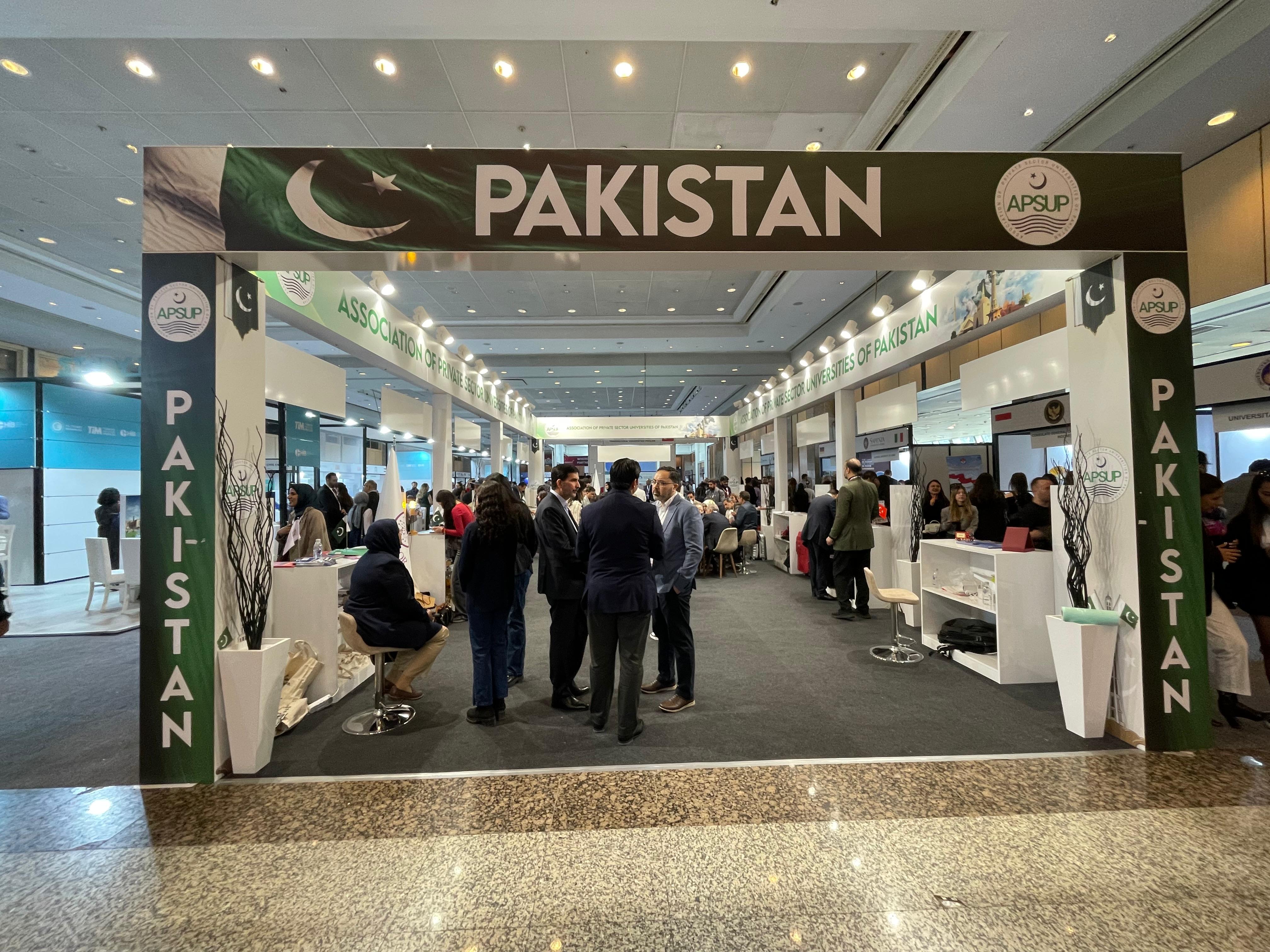 Individual branded counters for Pakistani universities within the pavilion, designed for student inquiries and institutional presentations.