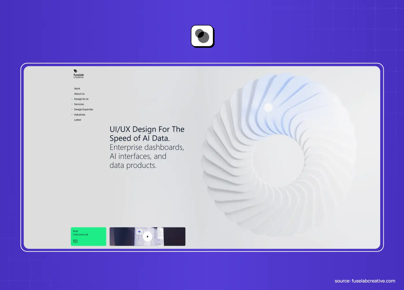 UX design agency website featuring a large white abstract circular form and the headline “UI/UX Design For The Speed of AI Data,” highlighting enterprise dashboards and AI interfaces. 