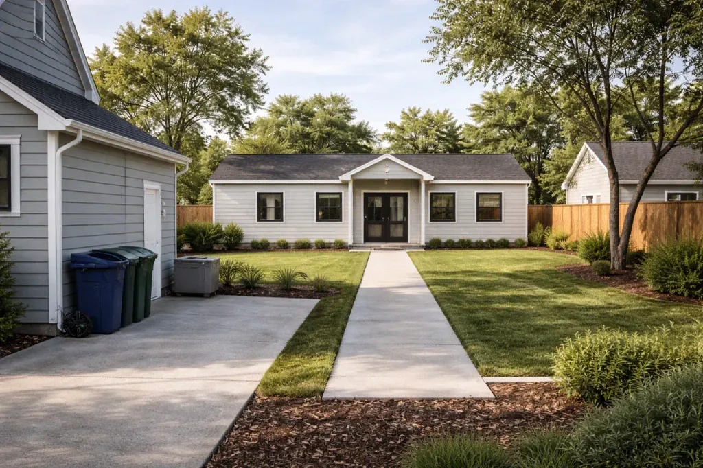 A manicured yard with a walking path leading to a white house surrounded by trees and a fenced area.