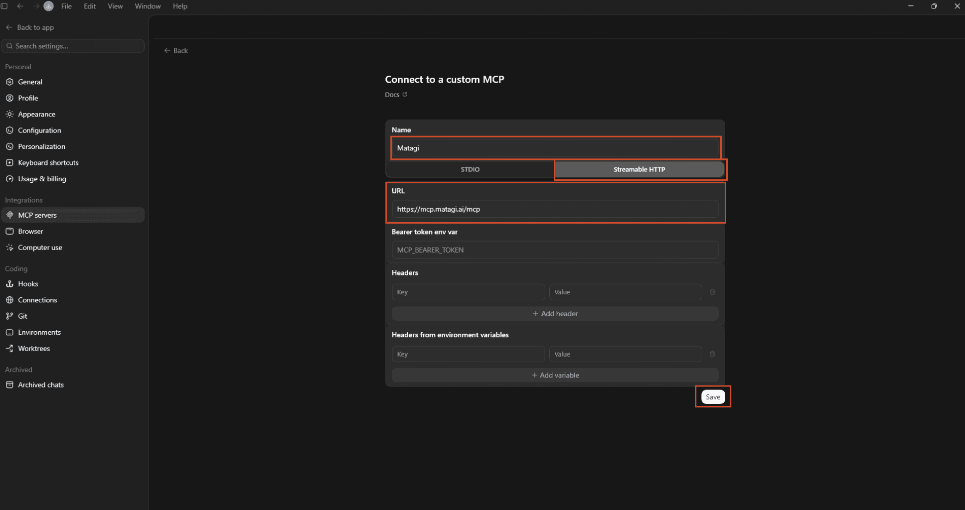 Codex custom MCP server form with STDIO and Streamable HTTP connection options.