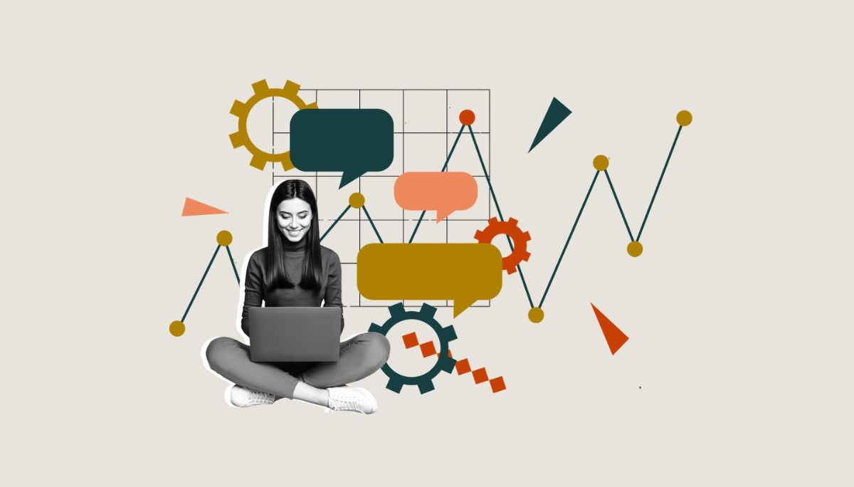 Stylized collage of person, gears, and line graph, used to depict SQL queries and interview challenges.