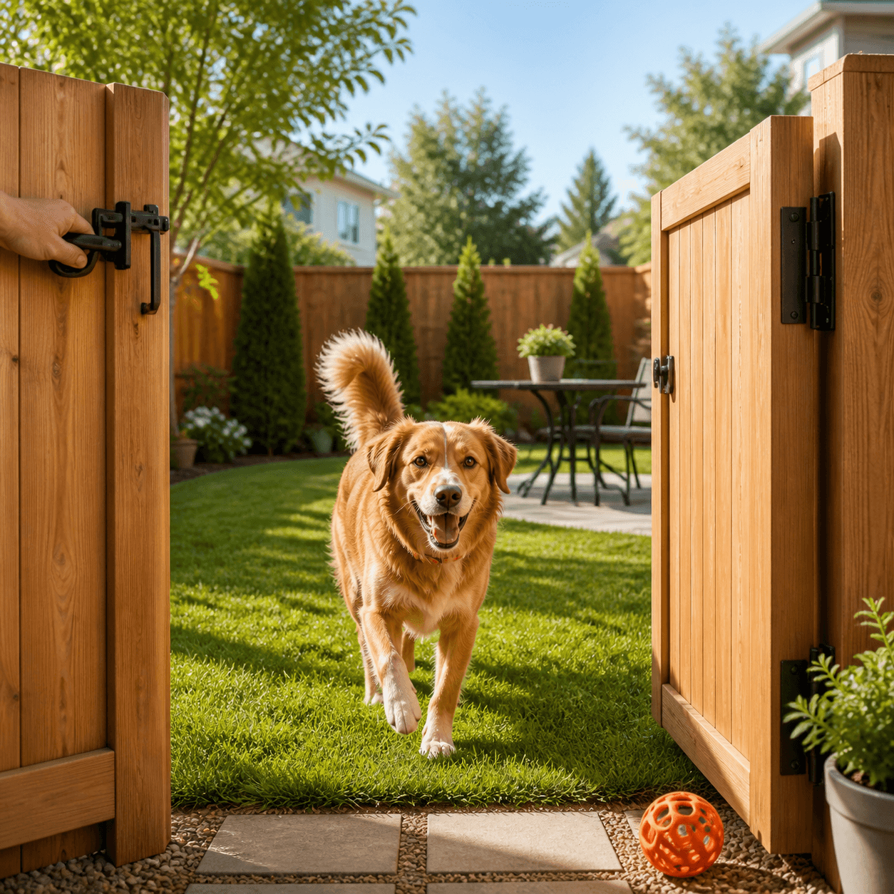 Dog entering a private yard through an open wooden gate