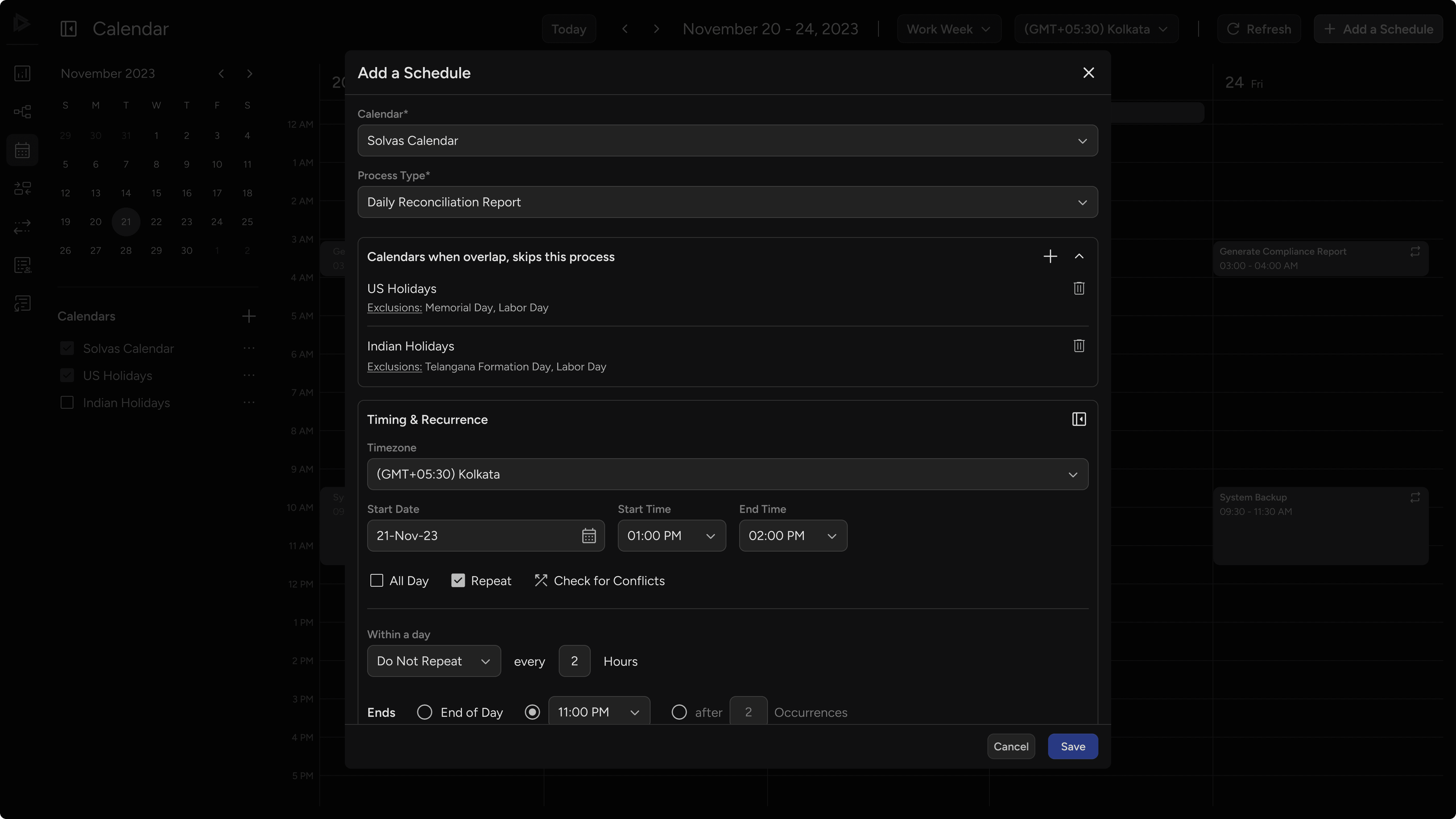 Form to create a schedule by selecting calendar, process, overlap rules, and timing details