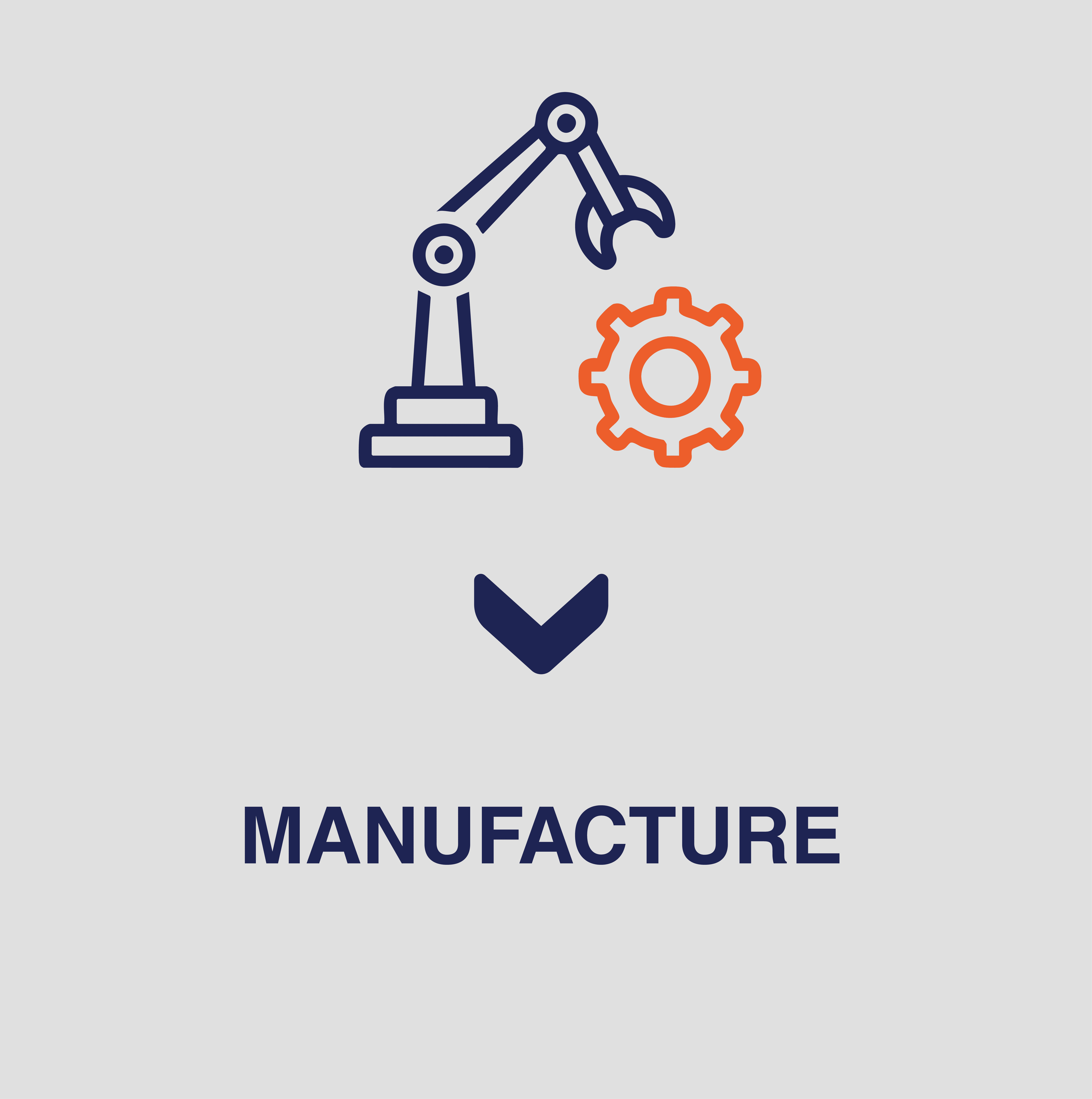icon of a machine claw in blue grabbing an orange cog wheel on a white background with blue text saying manufacture