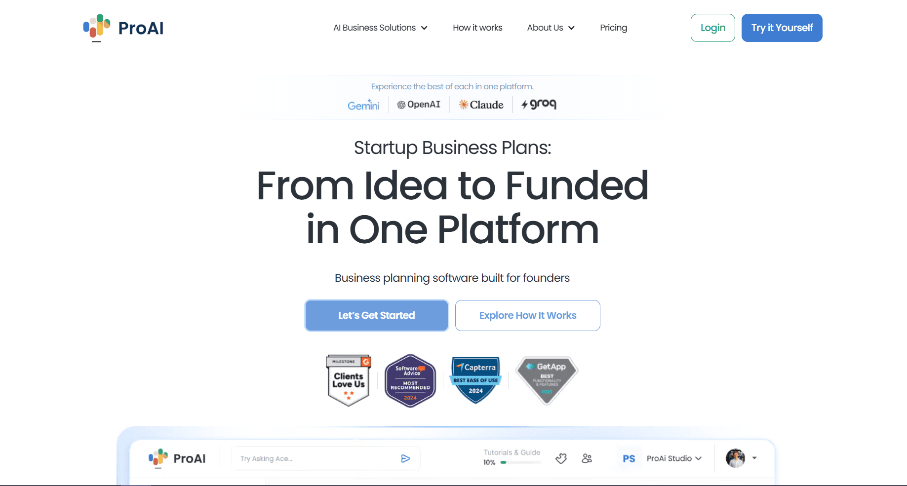 Homepage screenshot of ProAI featuring the headline “From Idea to Funded in One Platform,” with startup business planning tools, partner AI logos, and buttons to get started or learn how it works.
