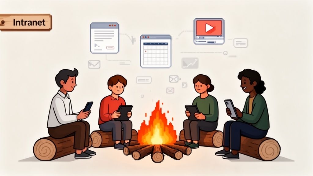 Four diverse people around a campfire using mobile devices, connected to digital services on an intranet.