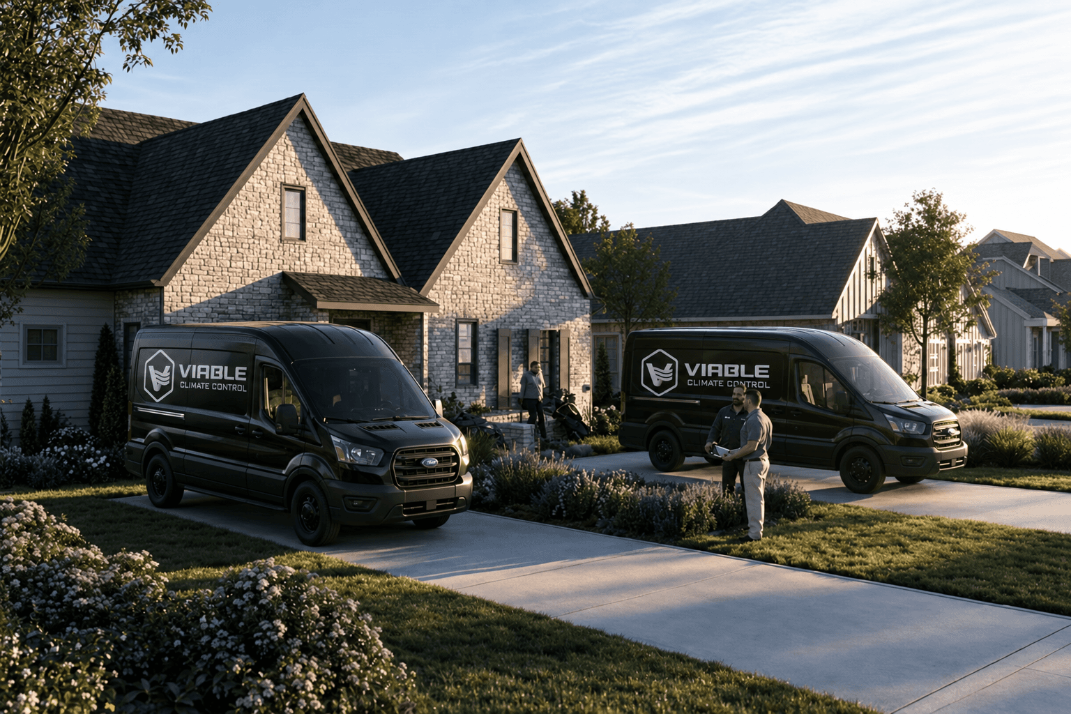 HVAC Pro vans parked in driveway of house
