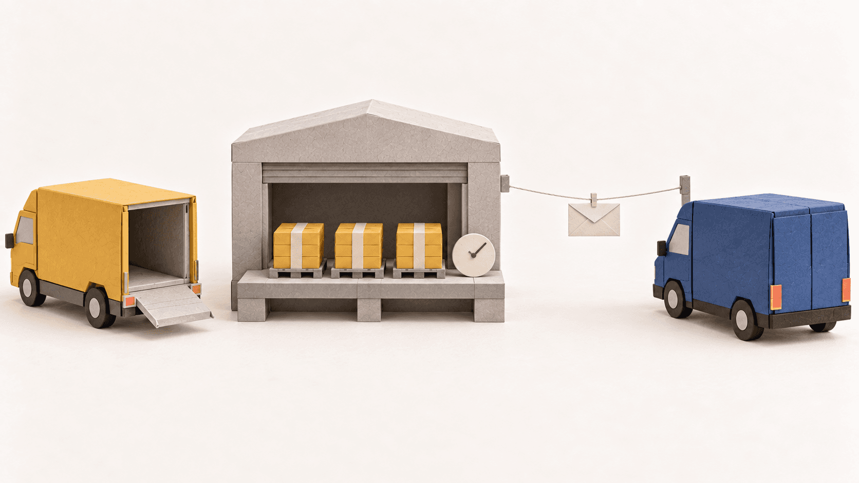 Paper-craft supplier lorry with its ramp down, a warehouse dock holding three banded pallets and a clock face, and a blue carrier van standing apart with its doors closed, with an envelope hanging on a string in the gap between warehouse and van.