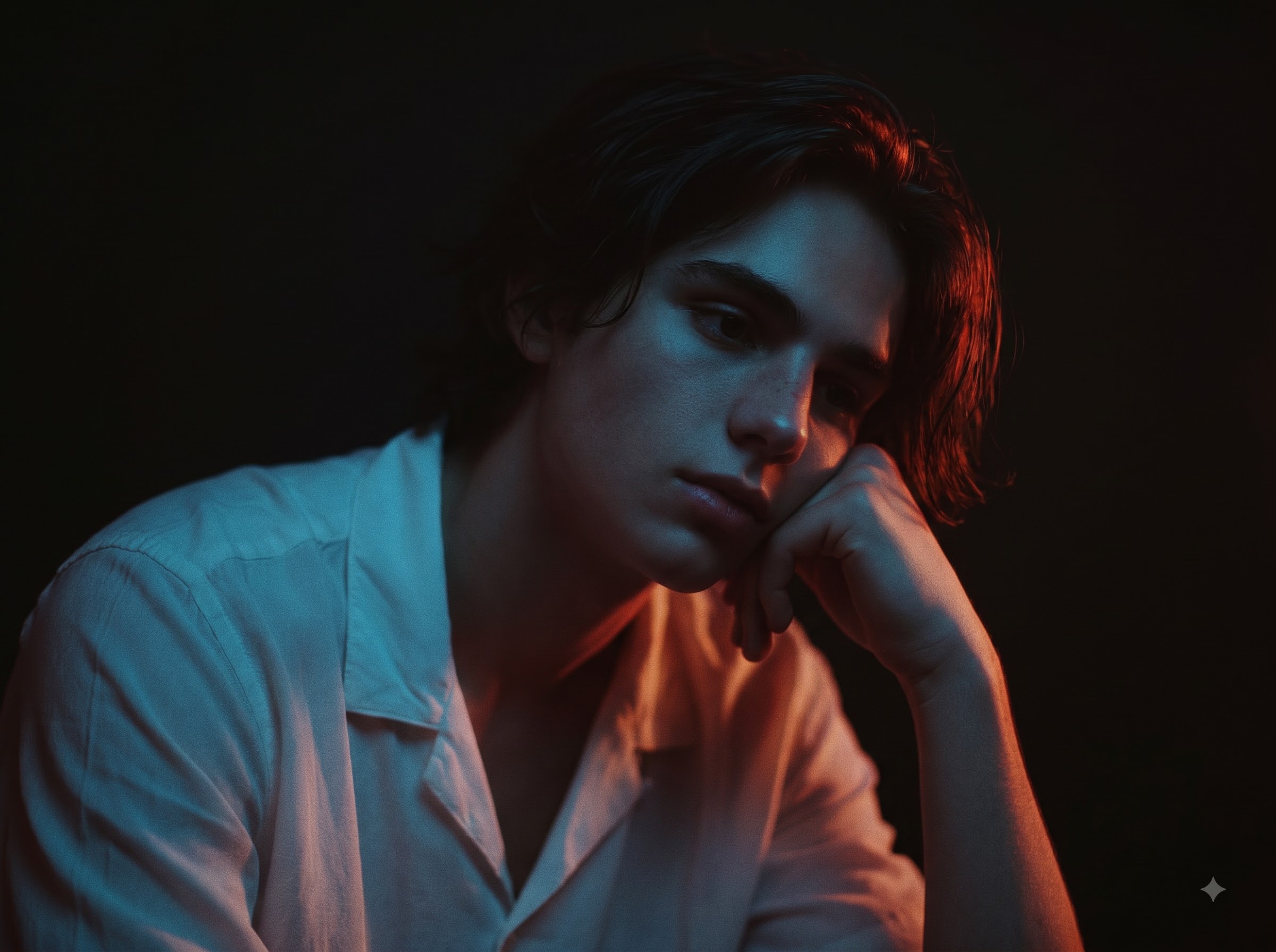 A young man with wavy hair holds a vintage camera, illuminated by dramatic blue and orange light on a dark background.