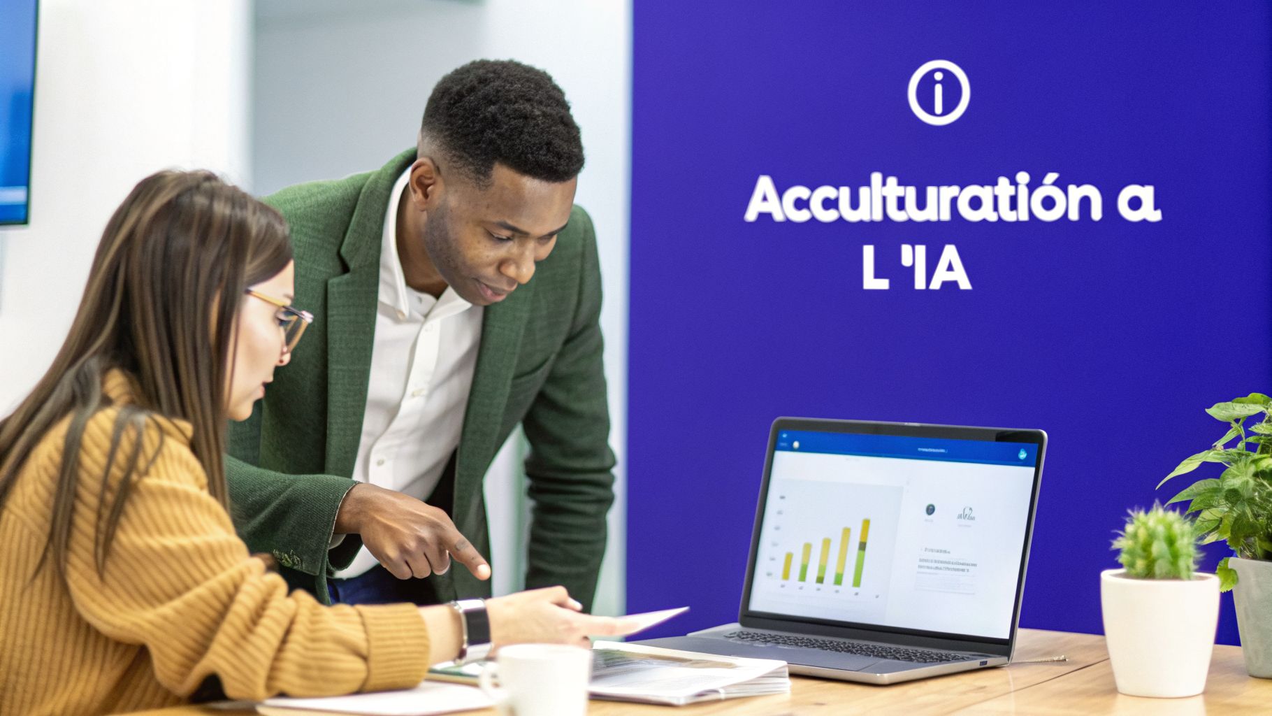 Deux professionnels analysent des données sur un ordinateur portable et des documents, avec le texte 