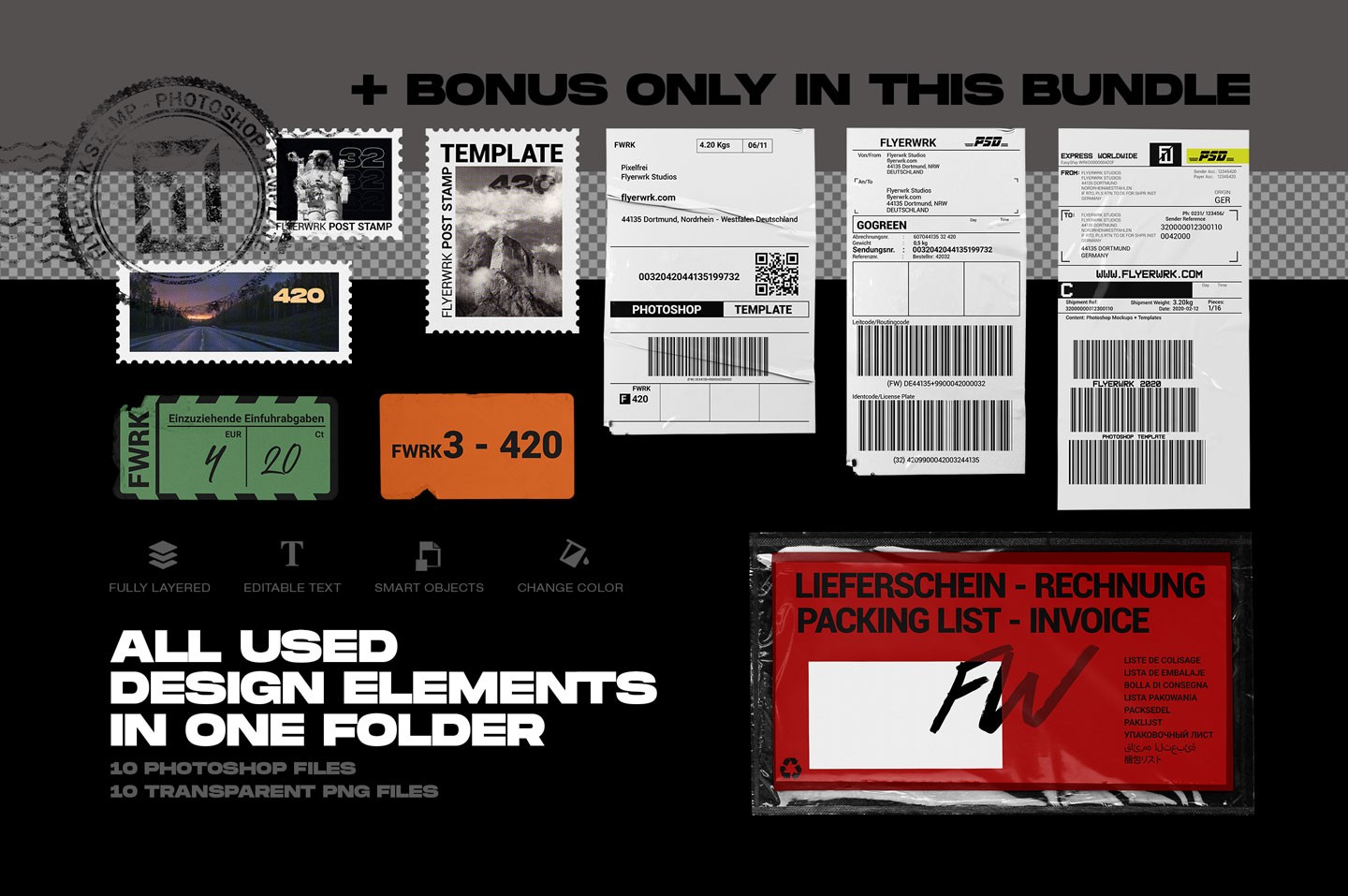 Delivery packaging bundle bonus design assets including stamps labels stickers and shipping tags