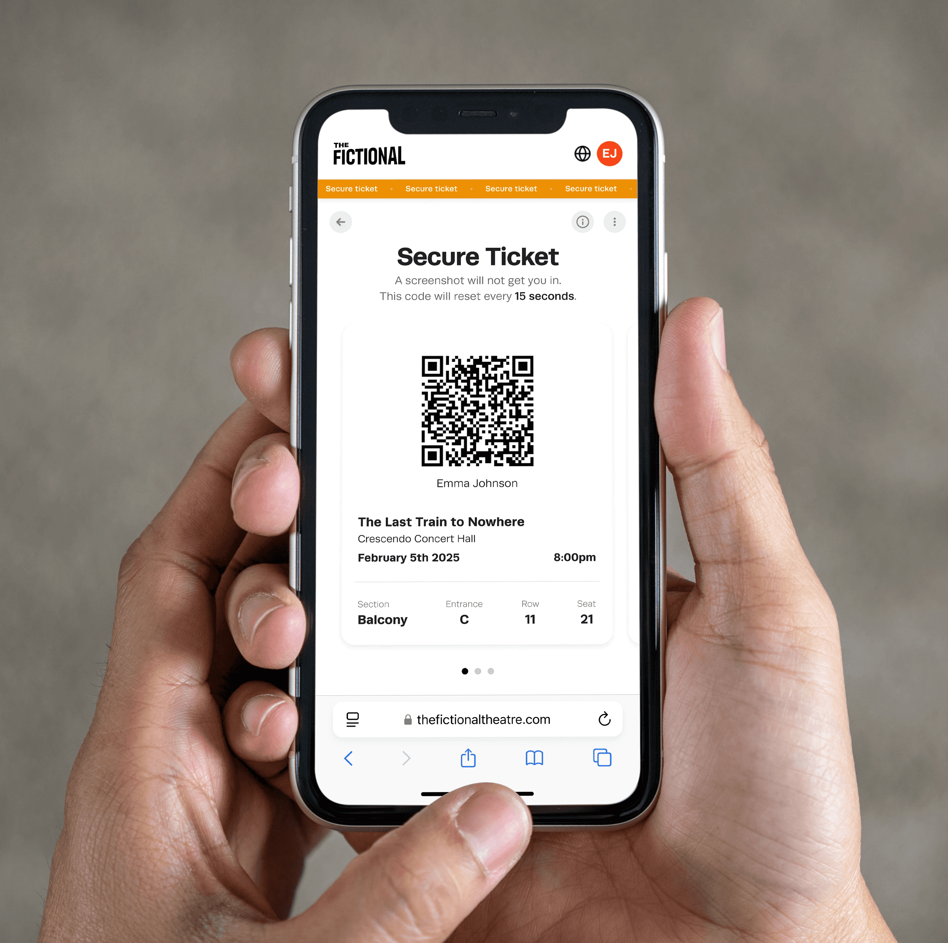 Secure ticket with QR code shown on mobile phone
