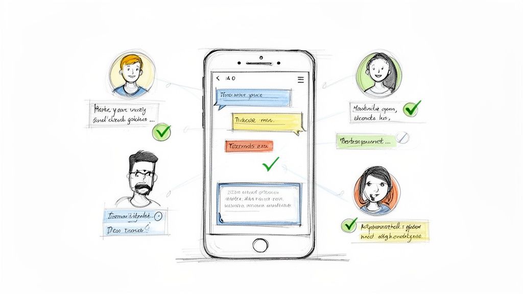 Hand-drawn illustration of a smartphone displaying a chat app with various user interactions.