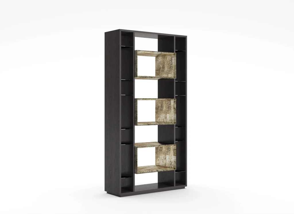 lateral view of a wooden bookcase with shelves in metal finishing