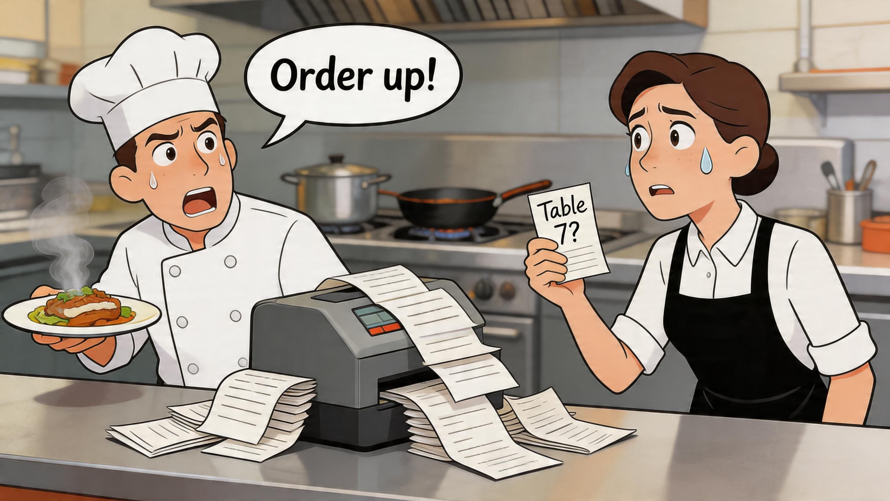 A stressed chef and waitress in a busy kitchen overwhelmed by a massive pile of printed food orders.