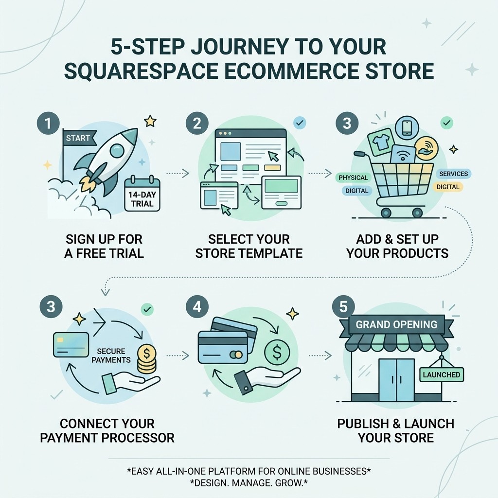 5-step Squarespace ecommerce setup journey infographic showing trial signup, template selection, product setup, payment