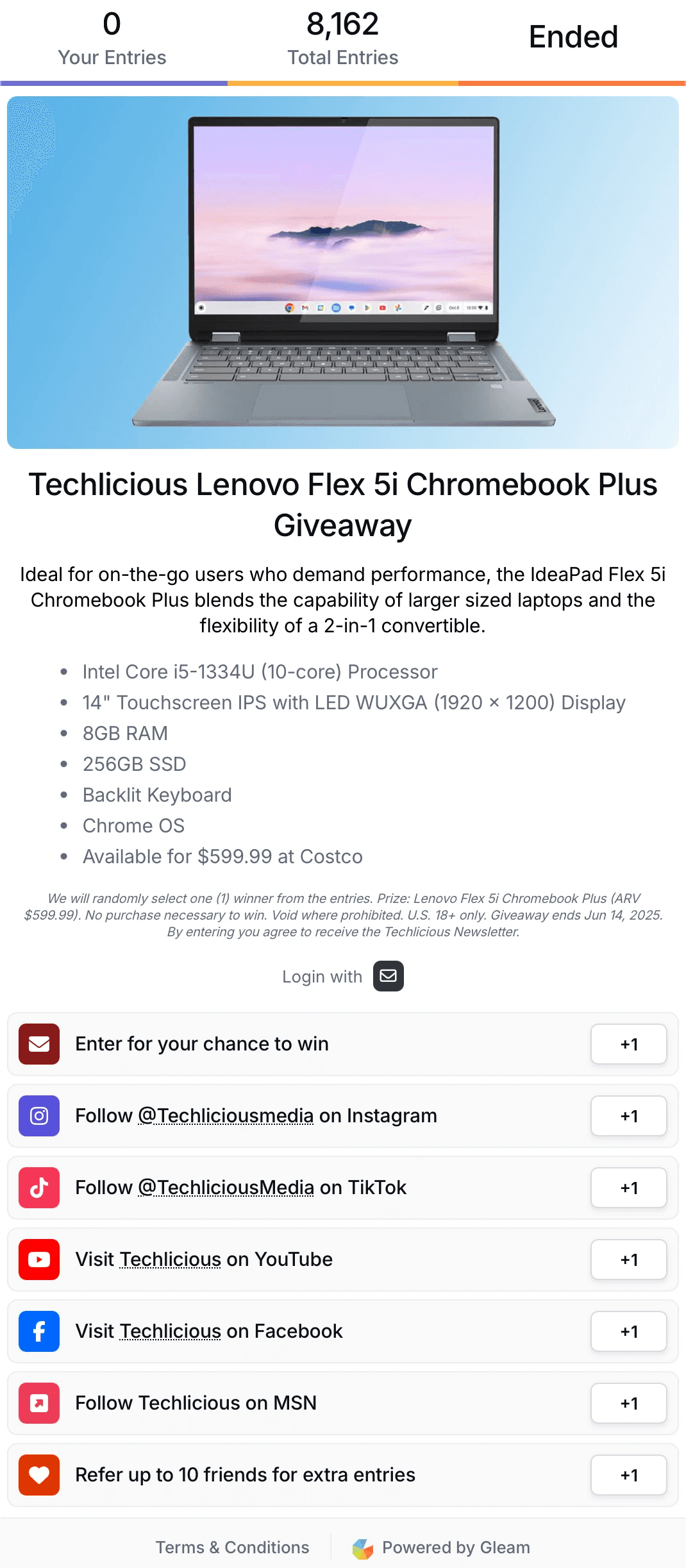 The live Gleam entry widget for the Techlicious Chromebook giveaway
