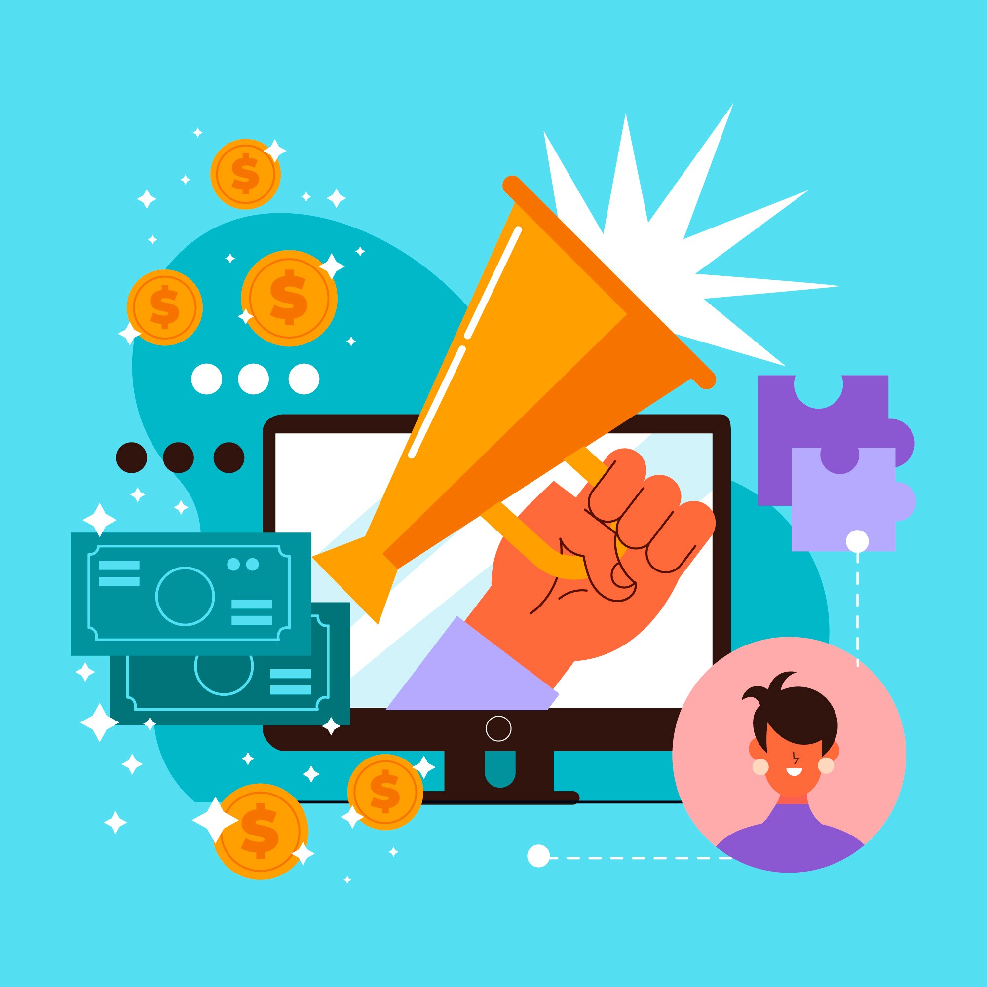 Megaphone bursting from a computer screen with coins and cash representing digital marketing ROI