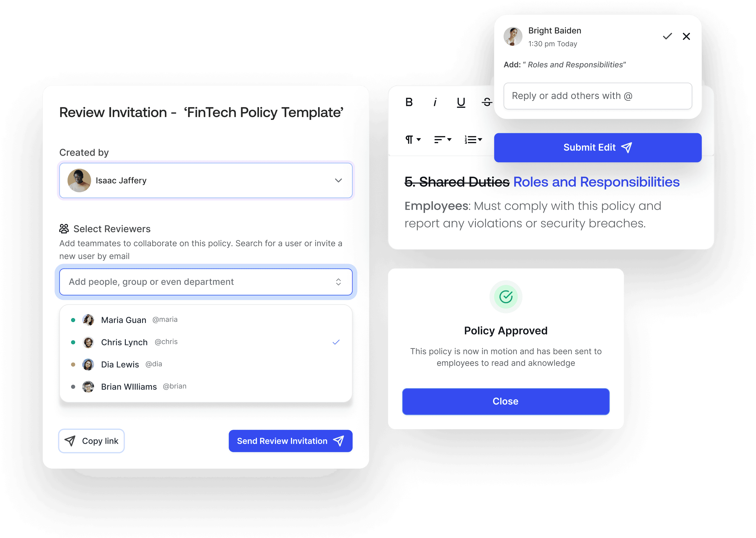 Policy review process showing team collaboration on a 'FinTech Policy Template,' with options to select reviewers, edit content, and finalize policy approval for employee compliance.