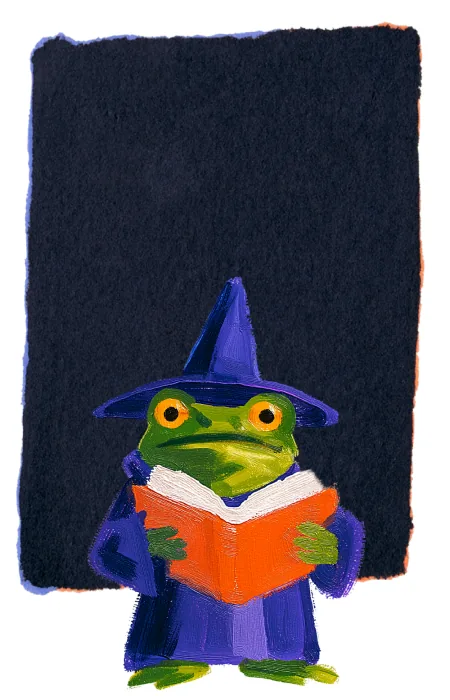 A frog wizard in a purple hat reads an open orange book, illustrating the Build step of Floating Castle's process