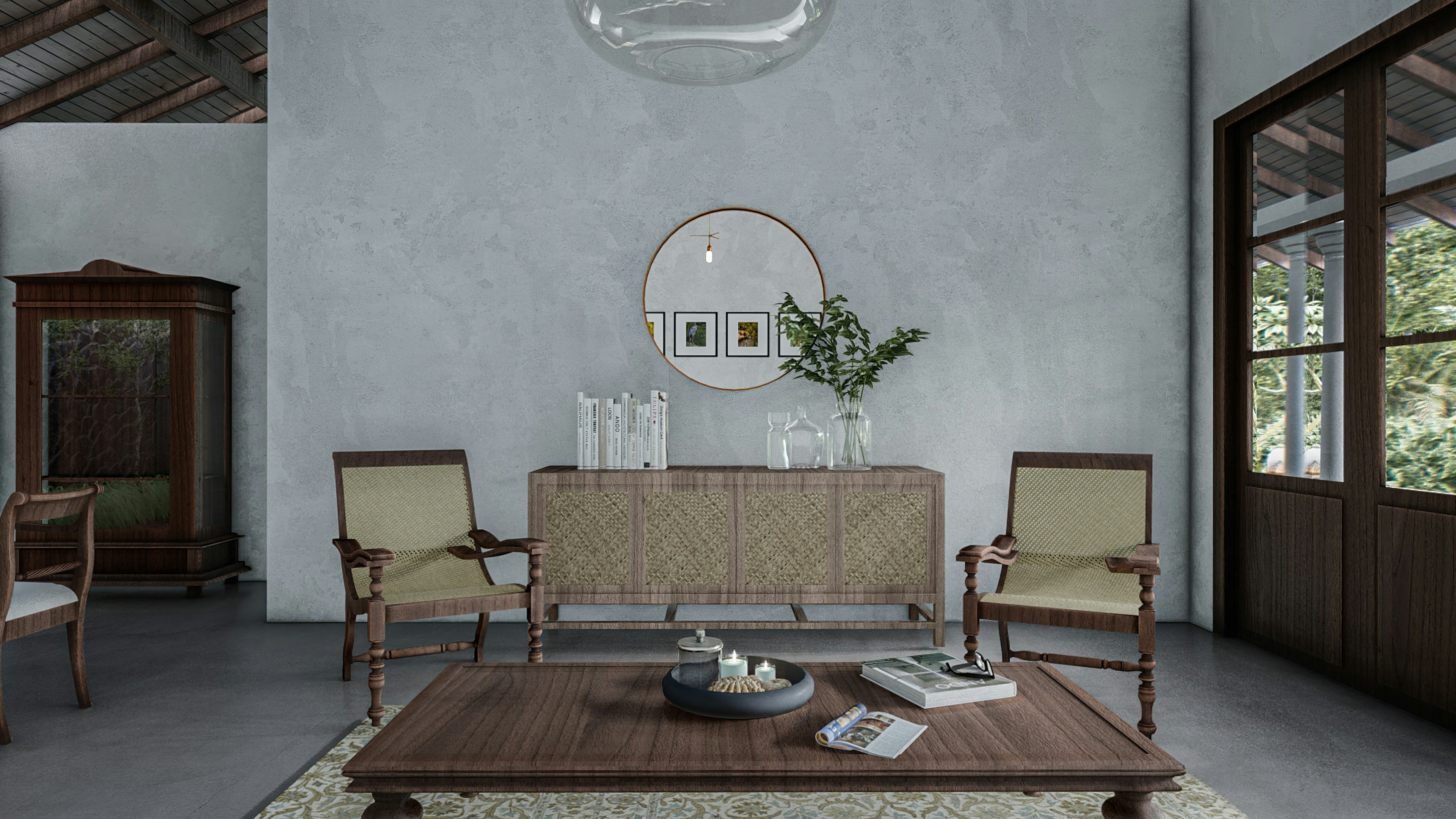 Interior living room render with vintage wooden chairs, coffee table, cabinet, round mirror, and natural light coming through large windows.