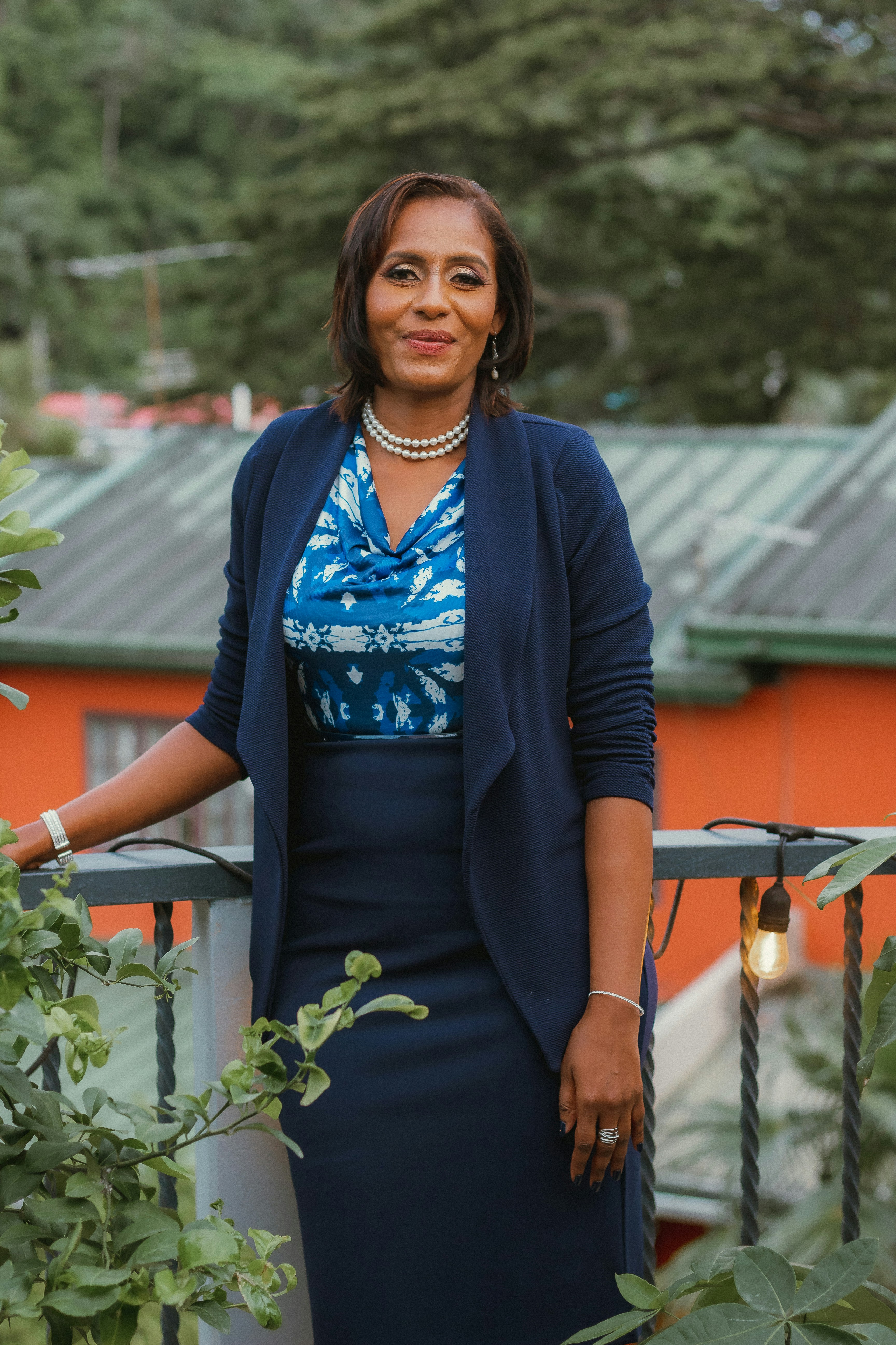 a woman in a blue dress