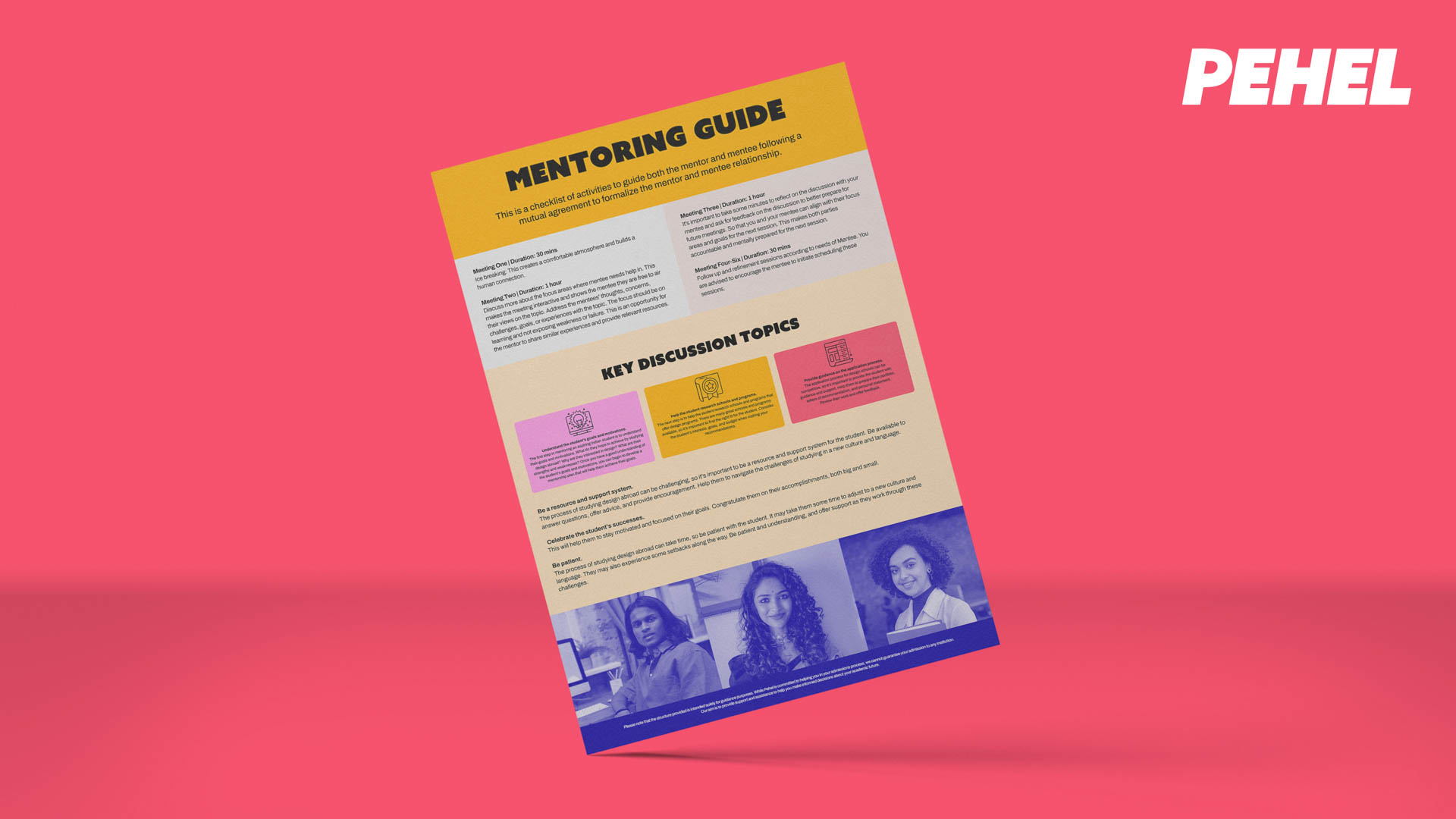 A flyer titled "Mentoring Guide" displays key discussion topics including mentoring and support systems, student success, career development, and mentor-mentee relationships. The flyer features images of individuals and text outlining the guide's purpose and structure. The PEHEL logo is visible in the top right corner.