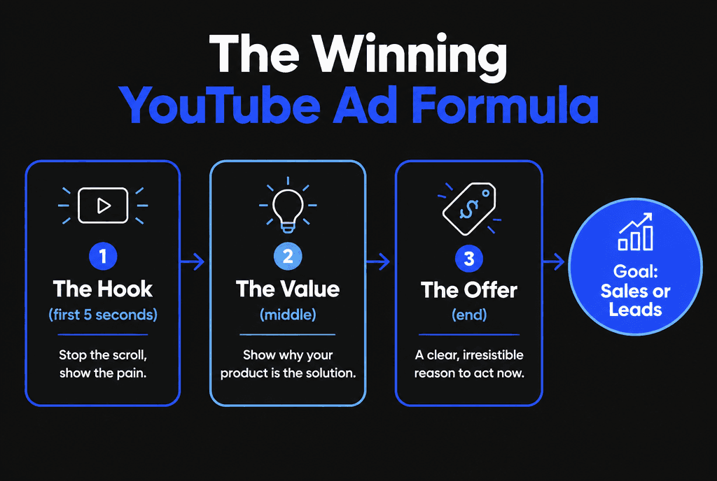 Infographic of the winning YouTube ad formula: the hook in the first five seconds, the value in the middle and the offer at the end, with the goal of sales or leads