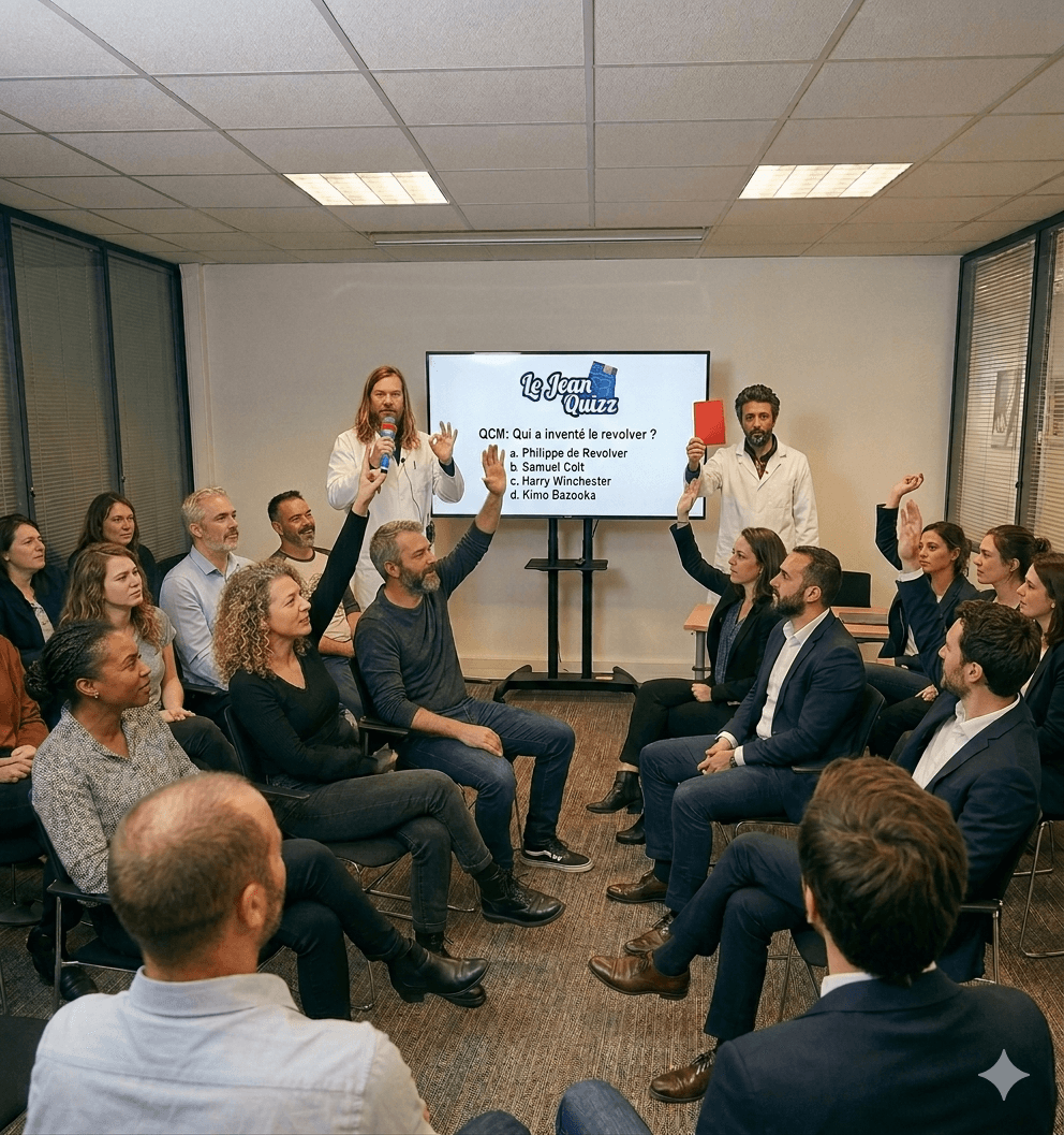 Animateurs de la Jeance en train d'animer un jean quiz lors d'un team building