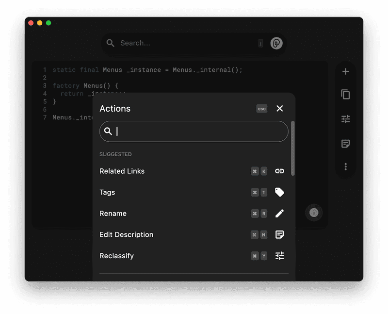 The Quick Menu in the Pieces desktop app.