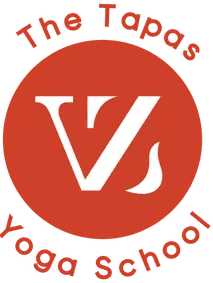 Official logo of The Tapas Yoga School featuring a stylized white V and flame icon on a red circle.