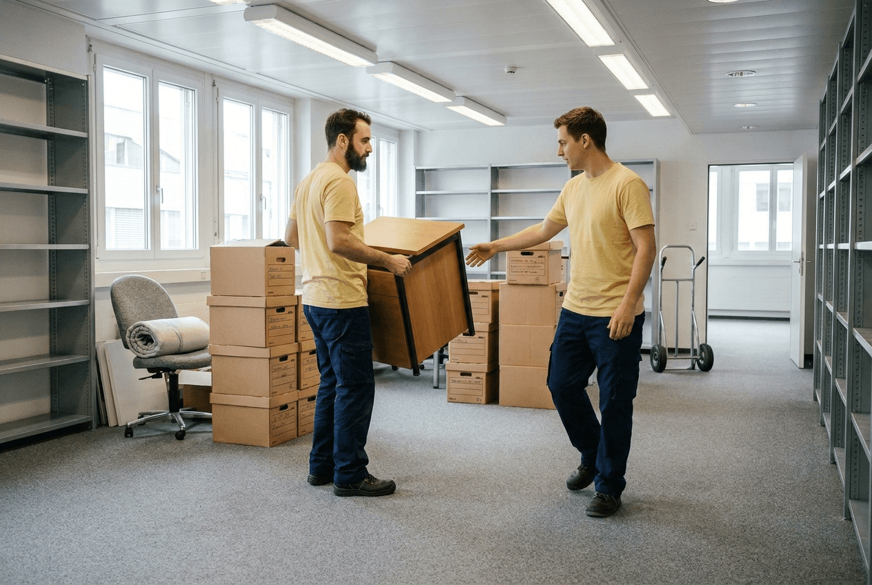 Zwei Bernans Mitarbeiter tragen einen Tisch durch ein leergeräumtes Büro mit Umzugskartons