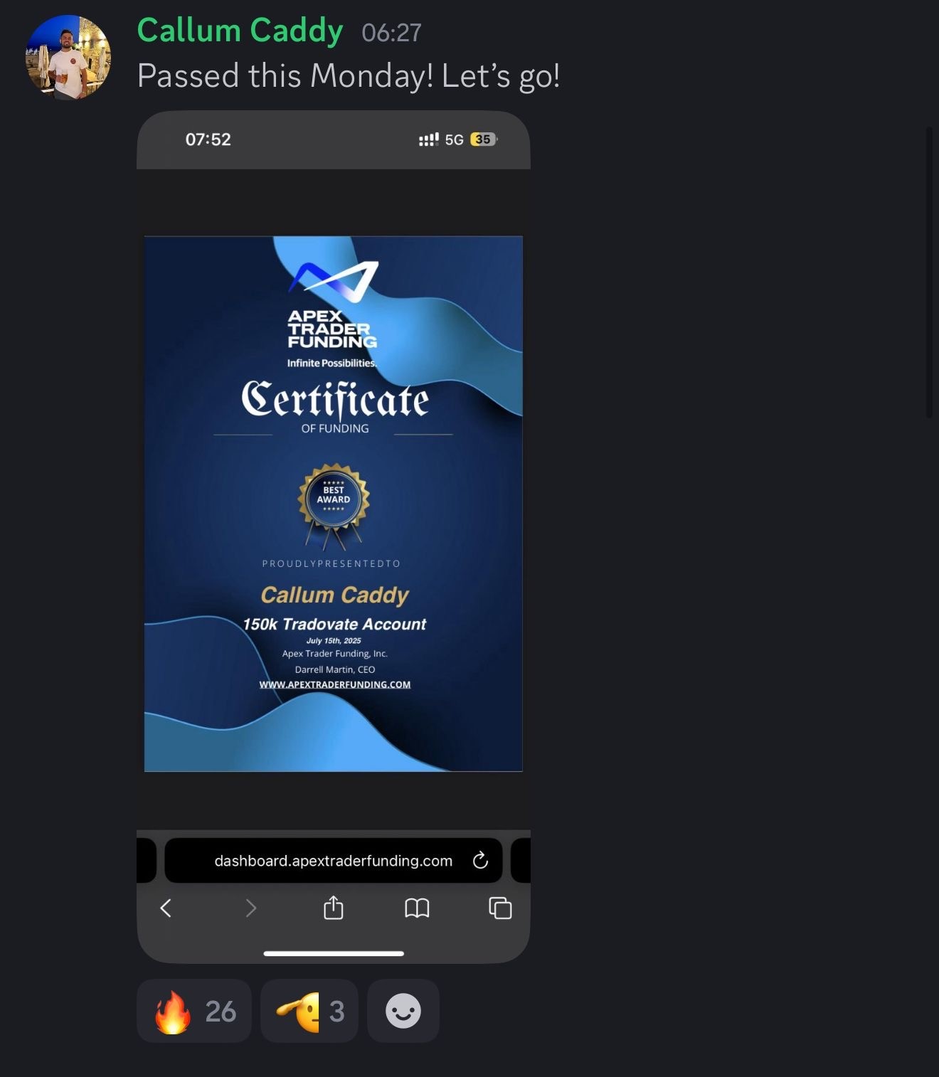 Funding certificate screenshot shared by Evo X member Callum Caddy celebrating passing on Monday