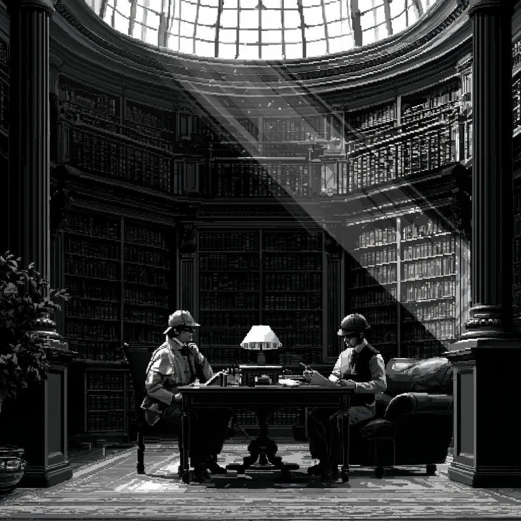 Illustration of Holmes and Watson at work in a domed library, for the Sherlock Holmes demo vault