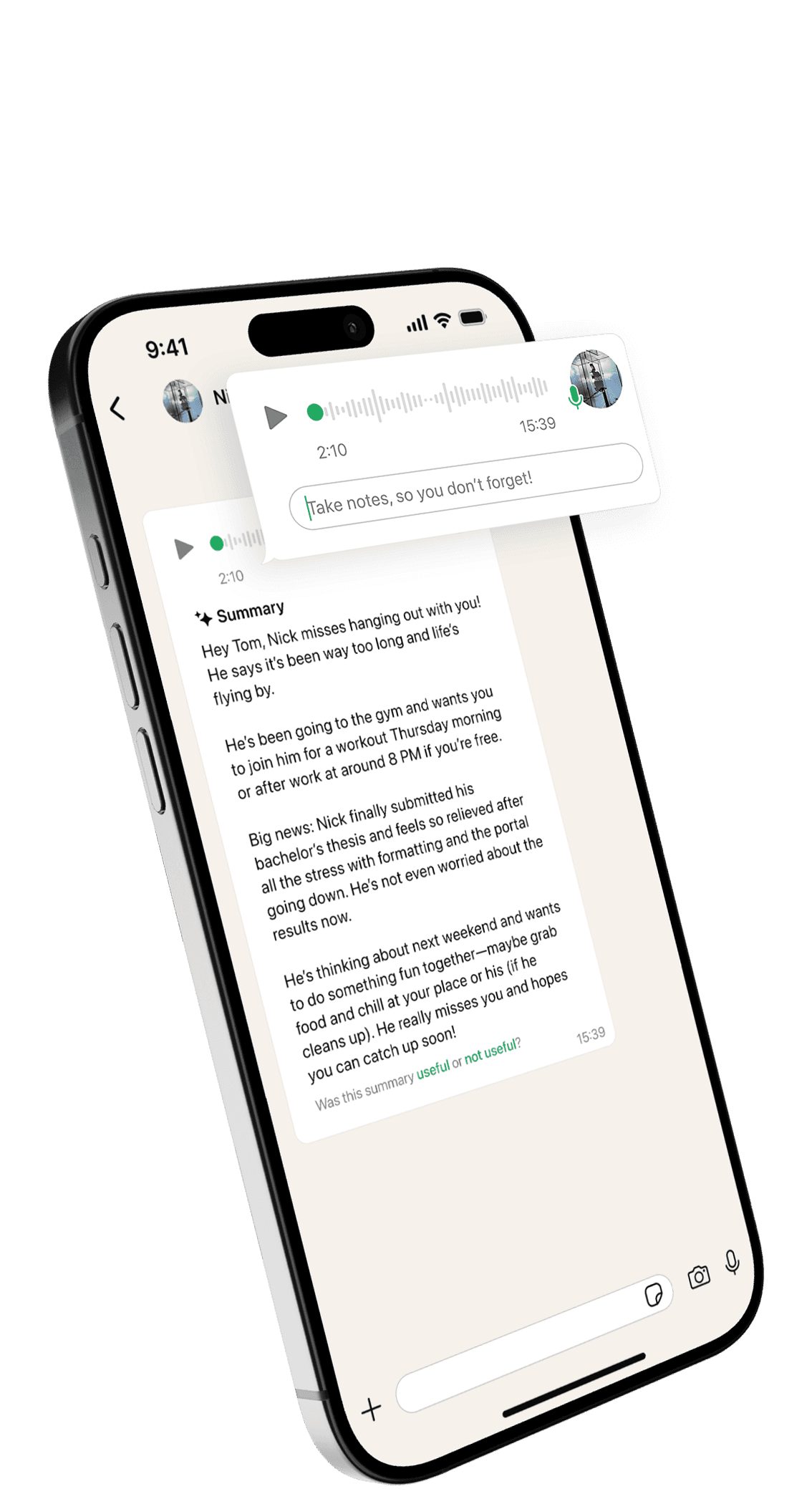 Phone mockup with AI summary of a voice message and notetaking for voice message feature on the screen.