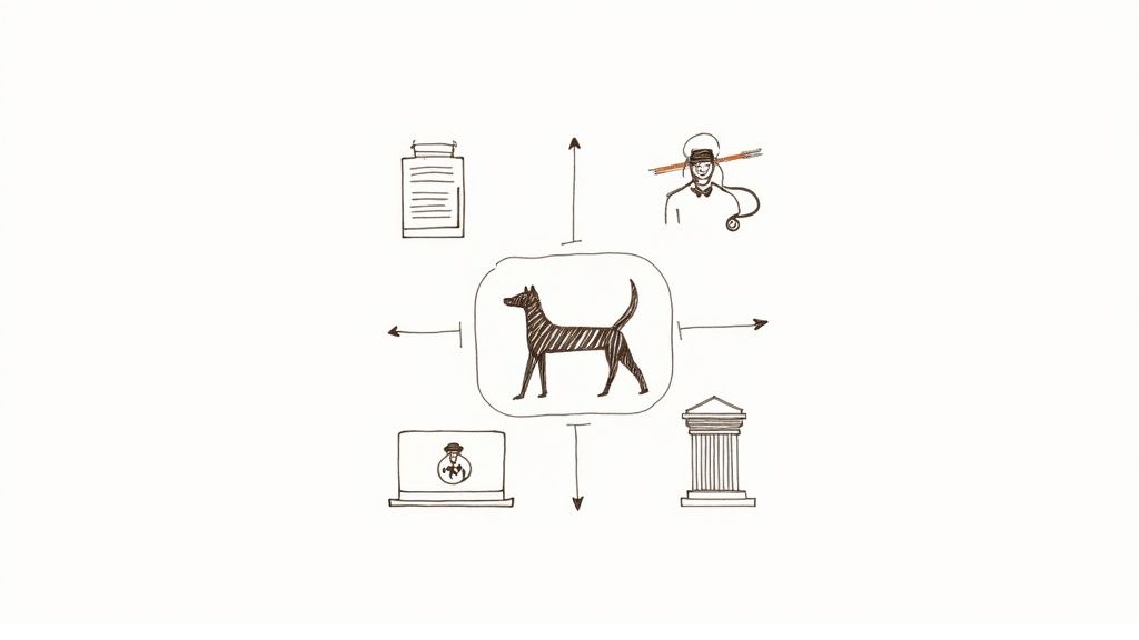 Diagram illustrating a dog's interconnectedness with veterinary care, medication, owner, and institutional support.