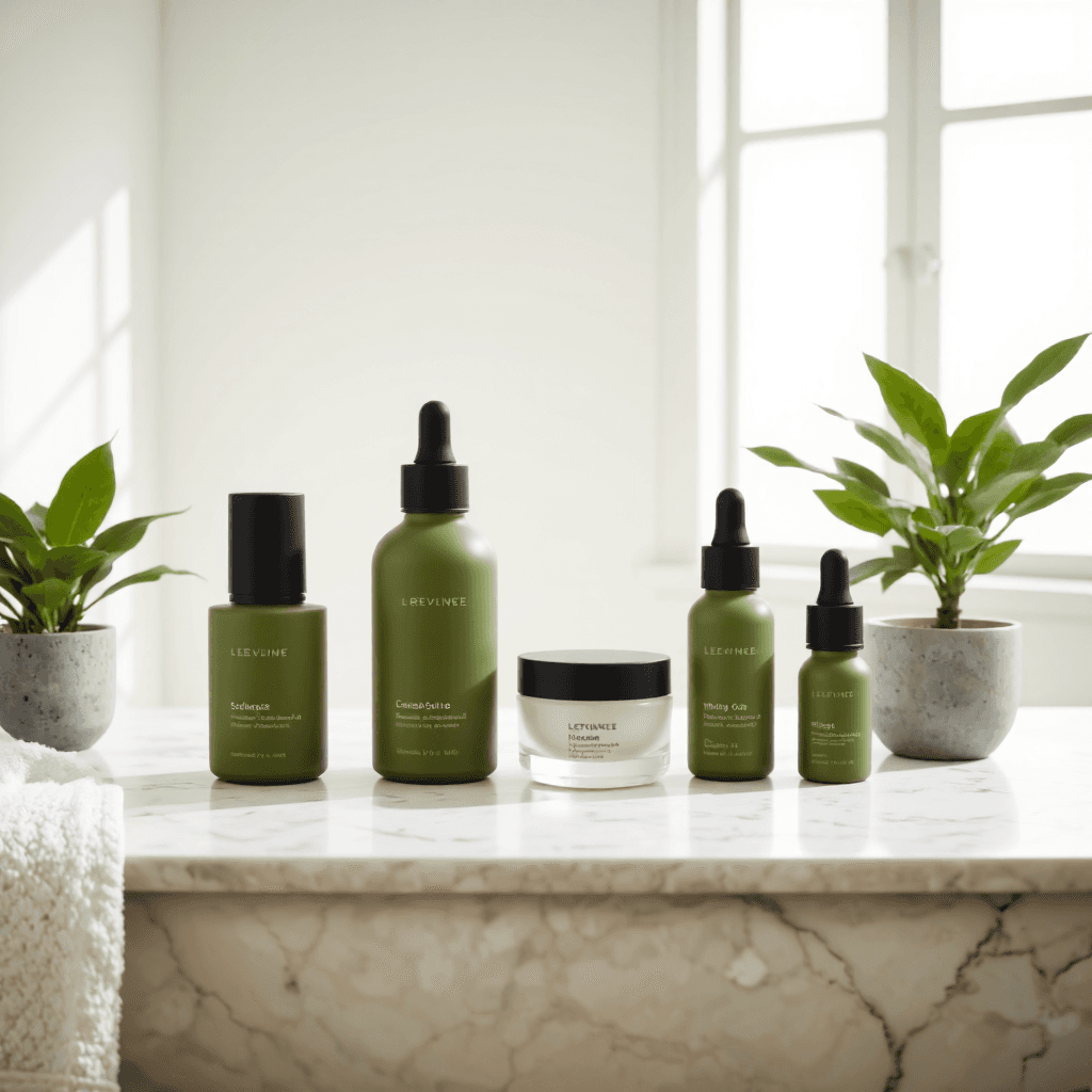 product photography of set of skincare bottles and a cream jar