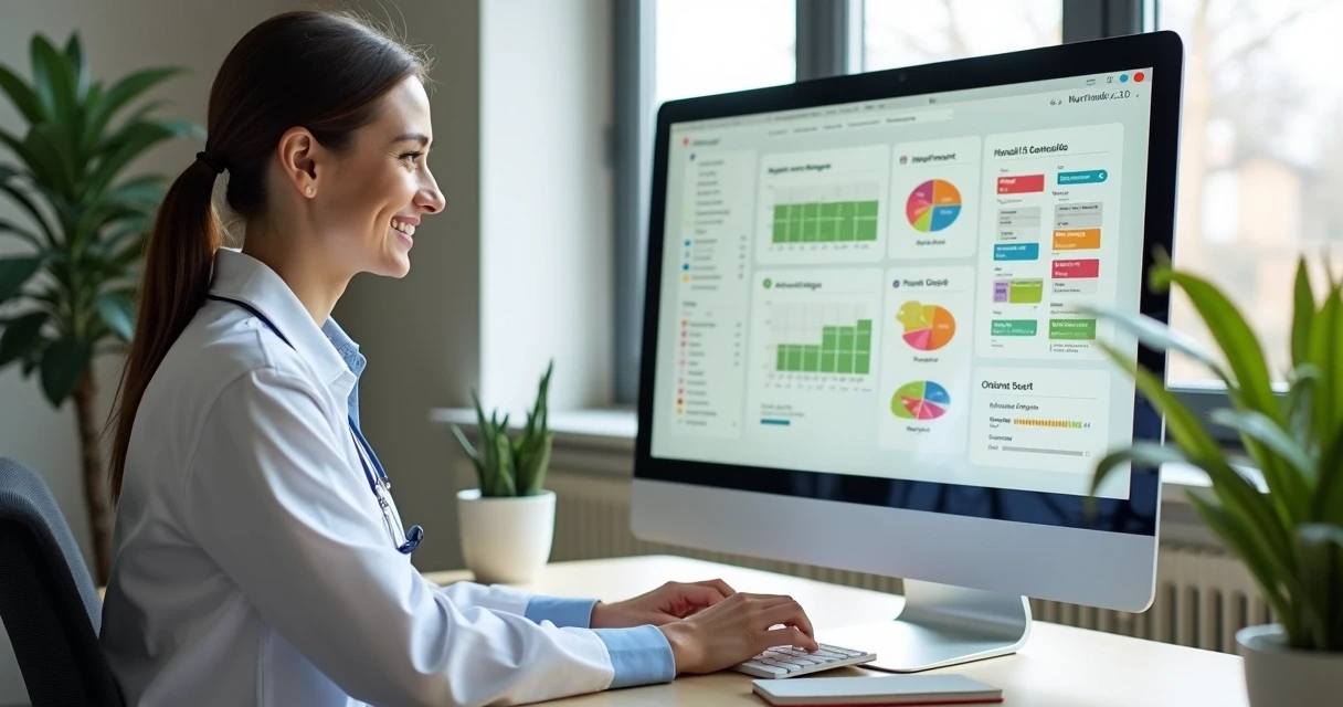 Nutricionista feliz usando software de gestão no computador