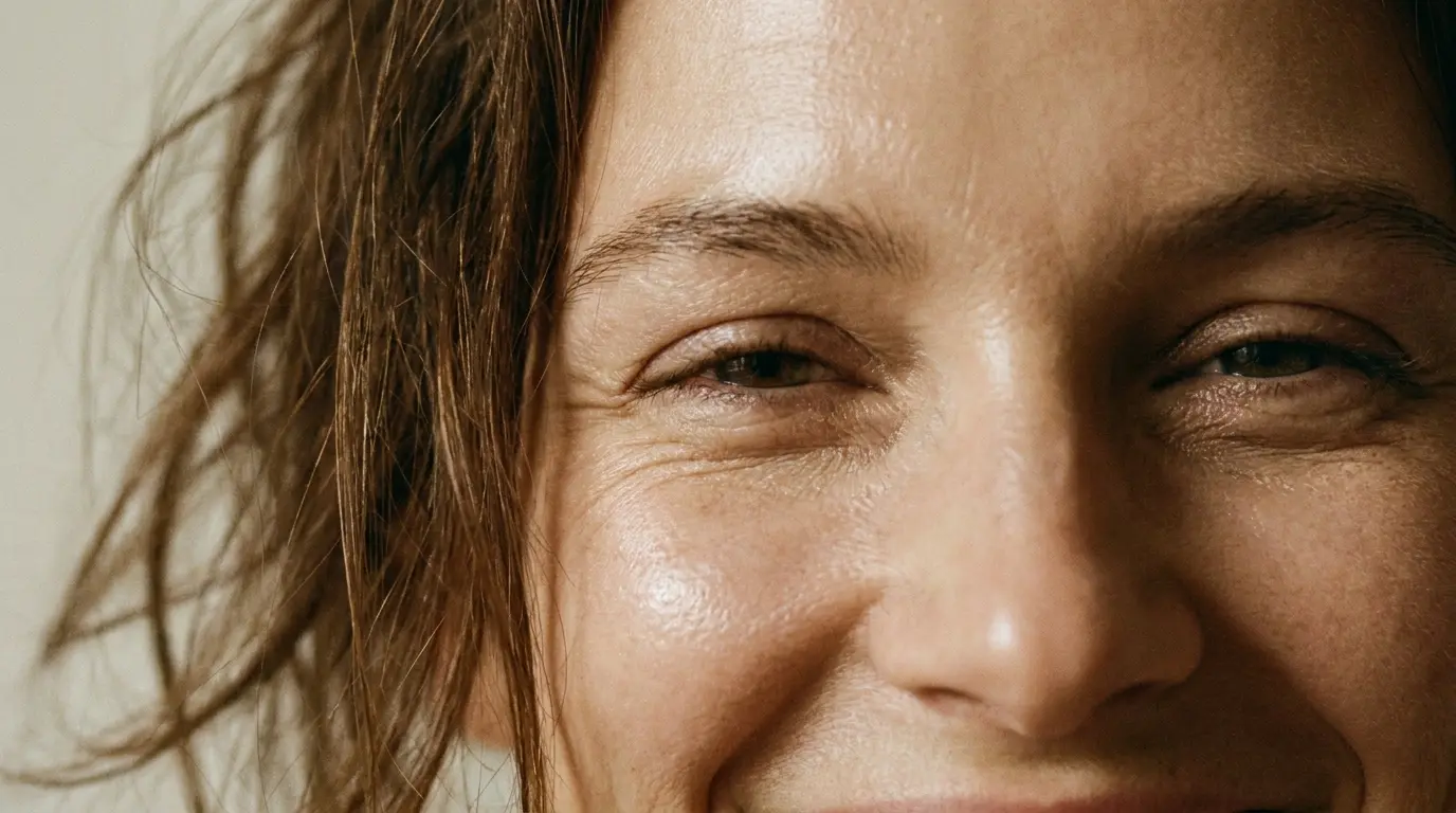Close-up of softly smiling eyes showing healthy, real skin texture and gentle fine lines