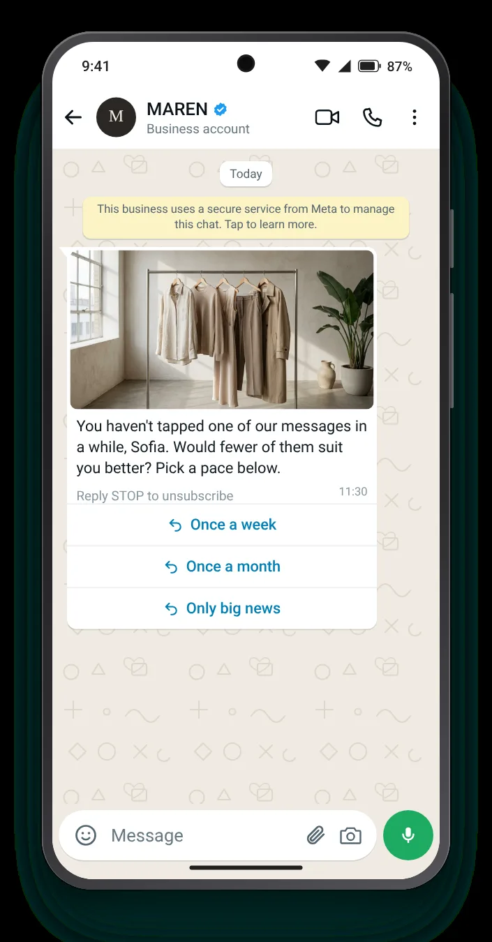 Let them choose fewer messages: WhatsApp re-engagement message on an Android phone
