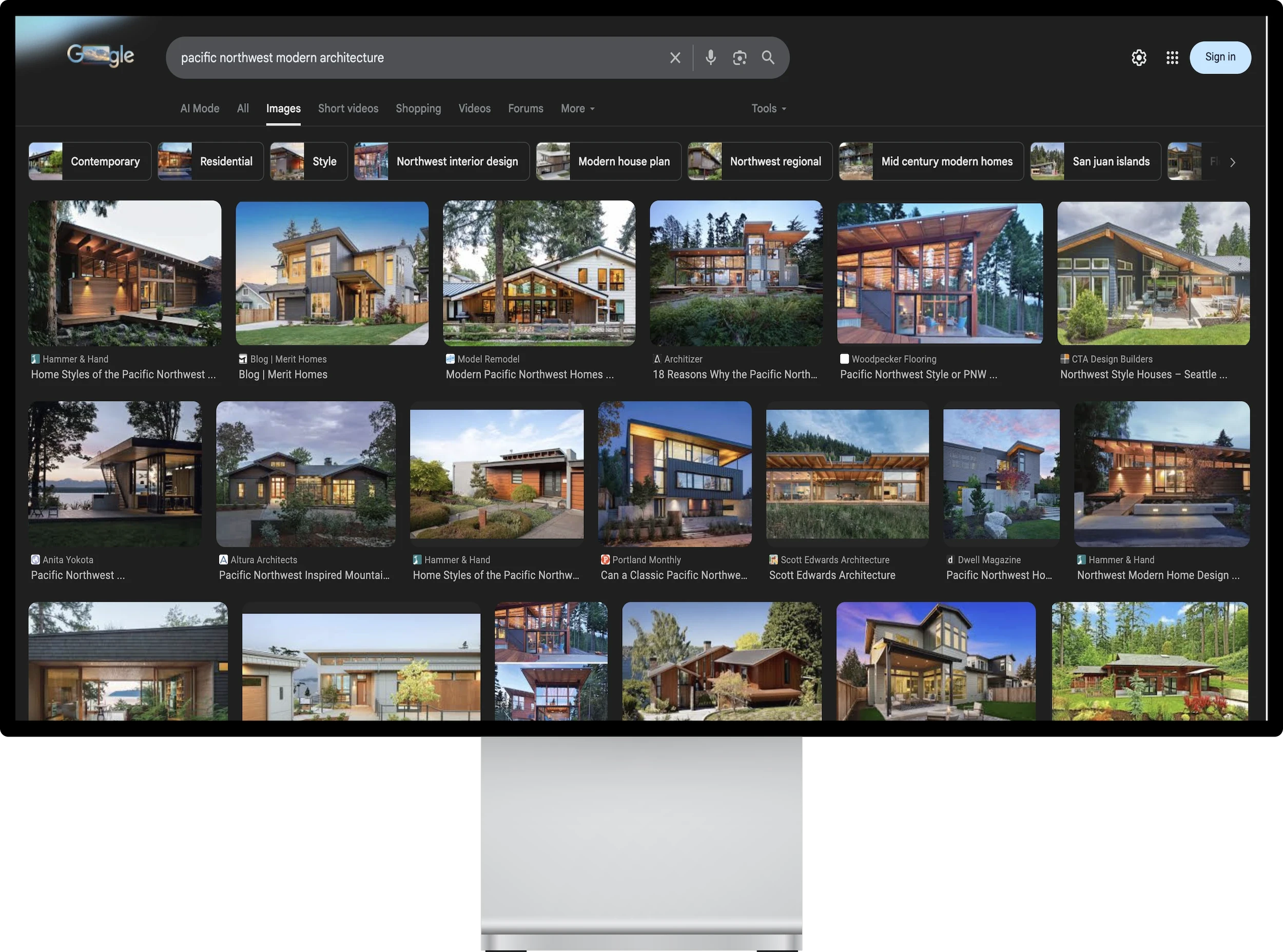 Google Images search results showing multiple modern residential architecture projects on a desktop screen.