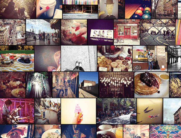 A collage of 36 photographs arranged in a grid of squares. The images depict various scenes including street scenes, food, drinks, and people. Some images show food items like pancakes and desserts, while others depict people in different settings. The photos vary in color and style, creating a diverse and visually interesting collage.