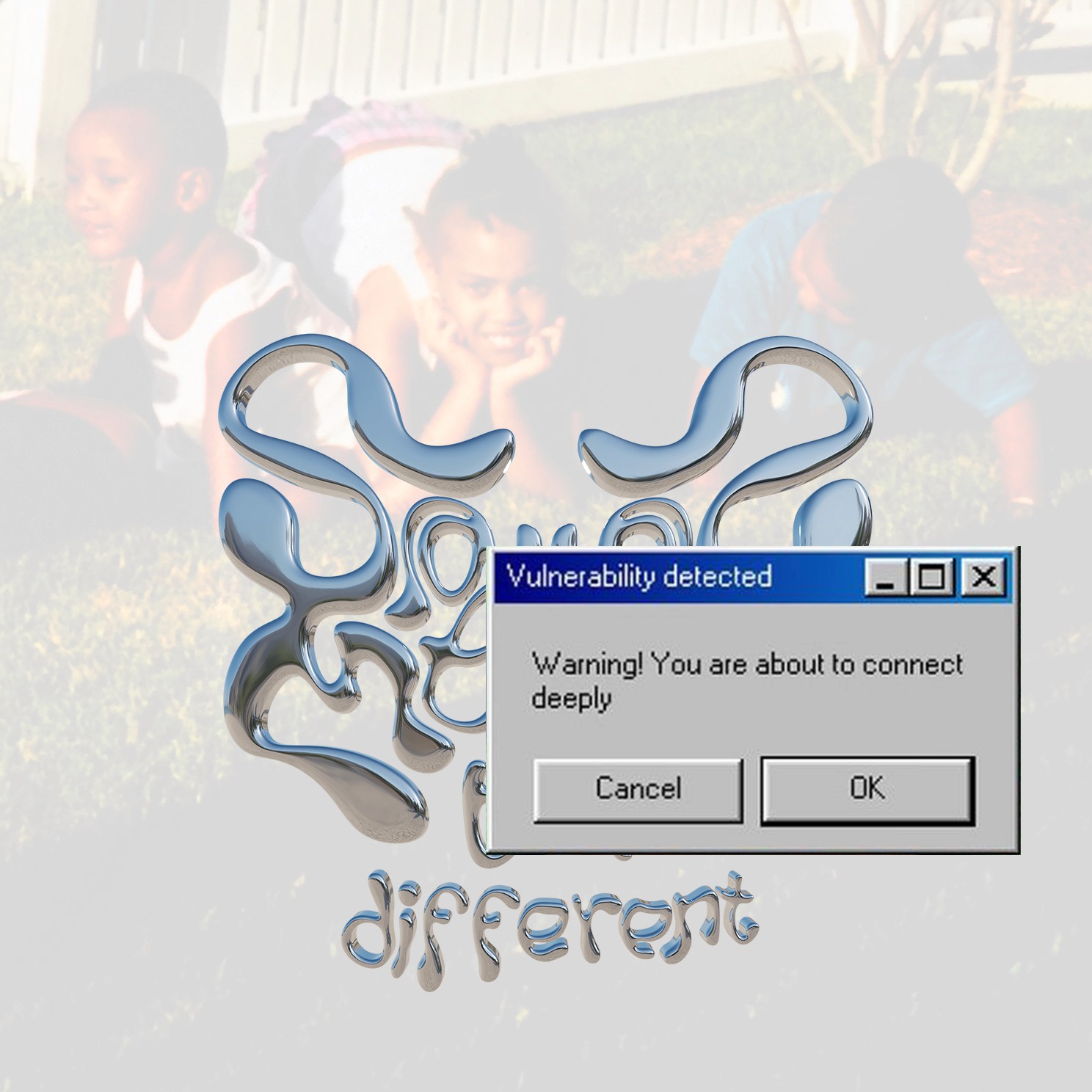 Chrome text over a blurred childhood photo of three siblings with a pop‑up reading “Vulnerability detected”