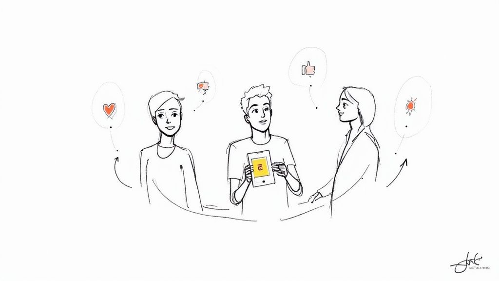 A group of diverse people engaged in a lively, positive conversation, representing word of mouth marketing.