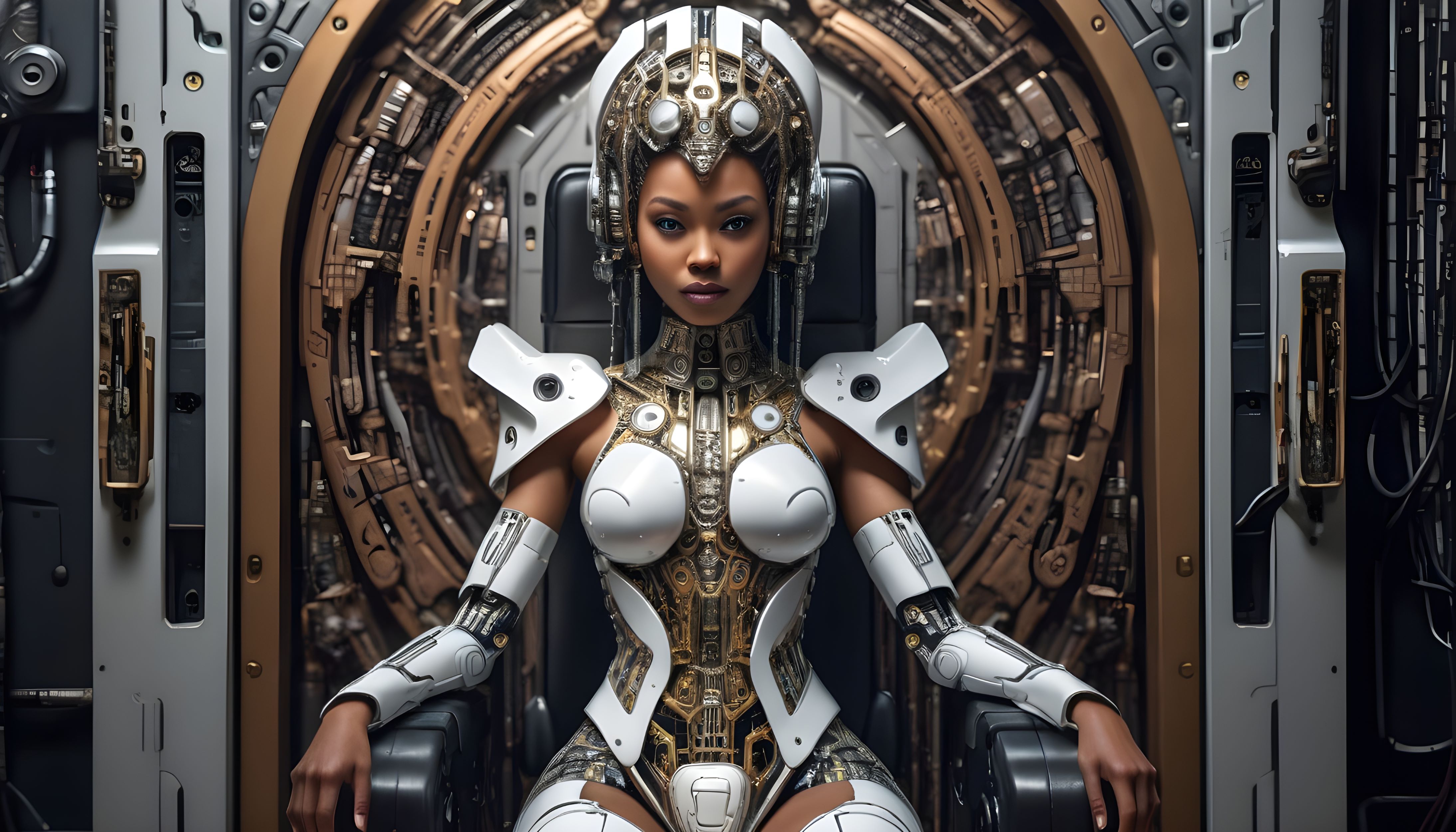 An Image of a cyborg queenwho is part gold circuitry and part white metal armour, and is wearing an intricate mechanical crown while sat on a throne.