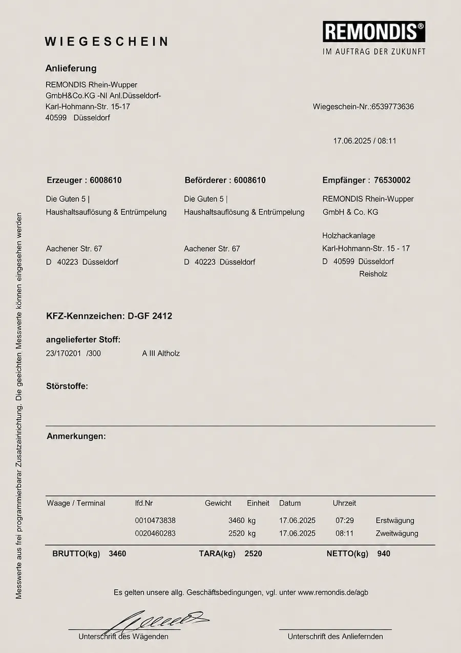 Wiegeschein eines Entsorgungsbetriebs als Nachweis der fachgerechten Entsorgung